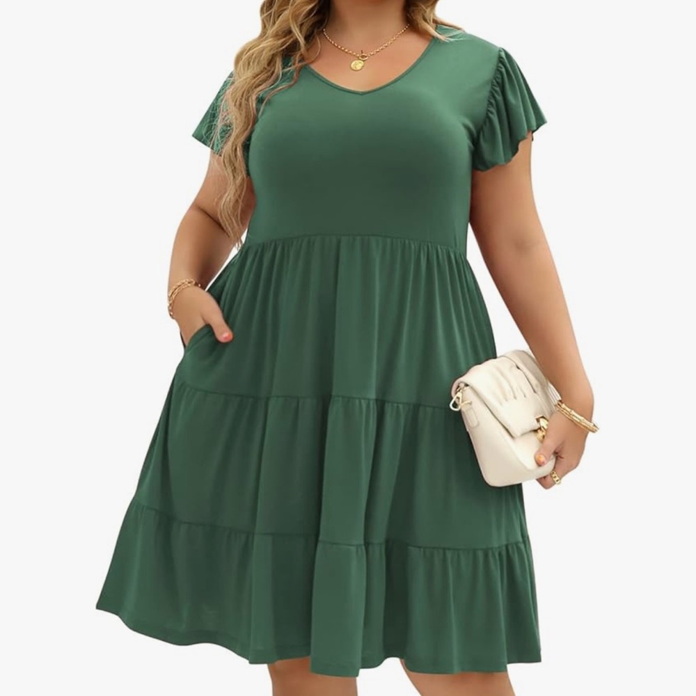 Celkuser - Green Ruffle Sleeve swing Dress